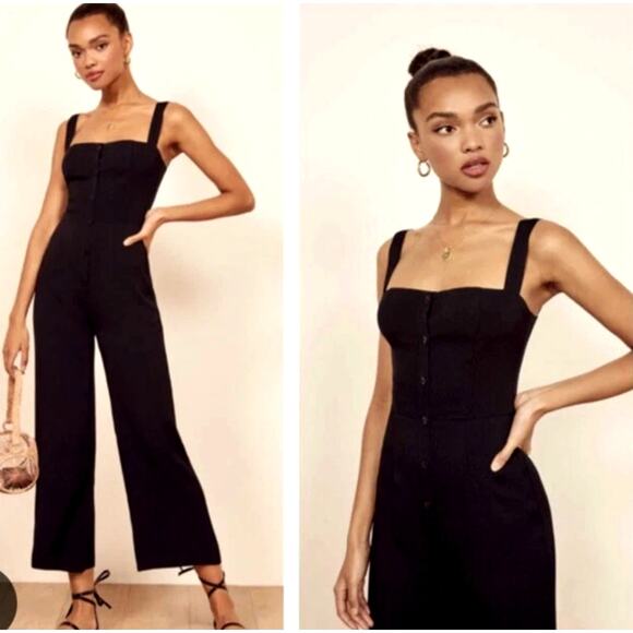 Reformation XS Della 100% LINEN Button Front Straight Leg Jumpsuit 2 Crop Black - Picture 4 of 6